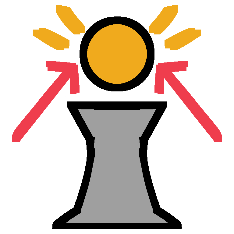 a simple symbol with a white outline. a glowing golden orb floating on a gray stone pedestal. two red arrows point up at the orb. there are golden lines to indicate glowing